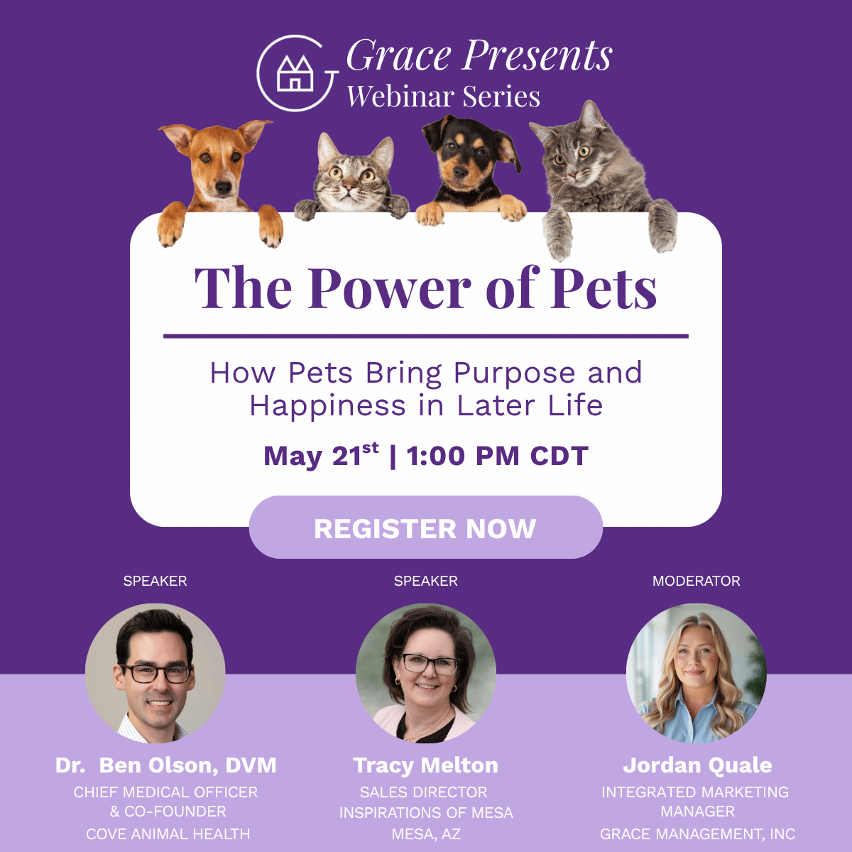 Promo poster for Grace Presents Webinar Series: The Power of Pets with three speaker headshots and a Register button on a purple background.